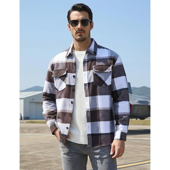 Men's Black & Grey Brushed Cotton Plaid Flannel Button Down Shirt Jacket - Picture 2 of 7